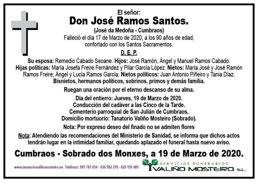 Esquela de José Ramos Santos.